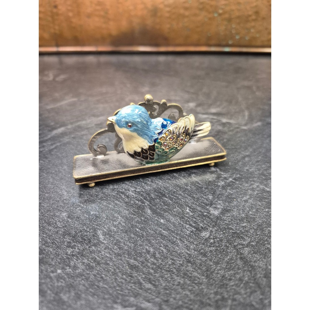Vintage Enamel Bird Business Card Holder Crystal Accents Blue Green Filigree